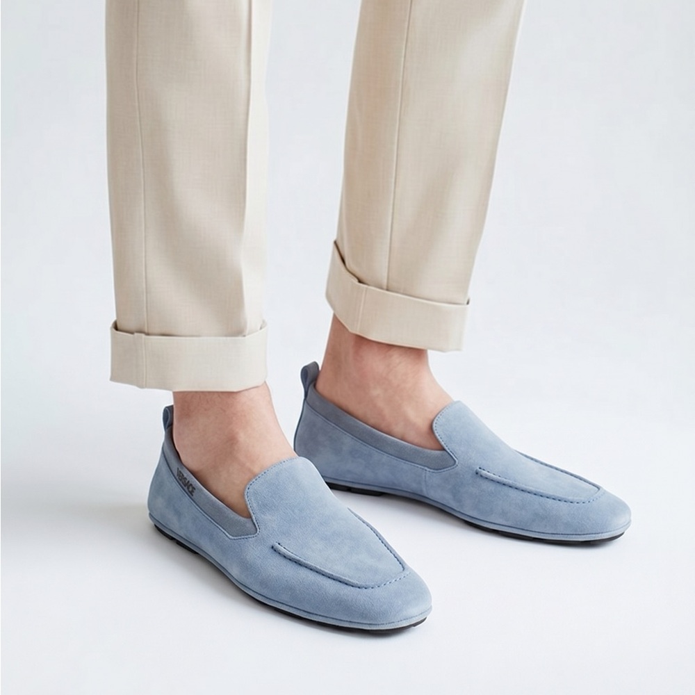 New Authentic Versace Men's Light Blue Suede Slip-Ons size 47